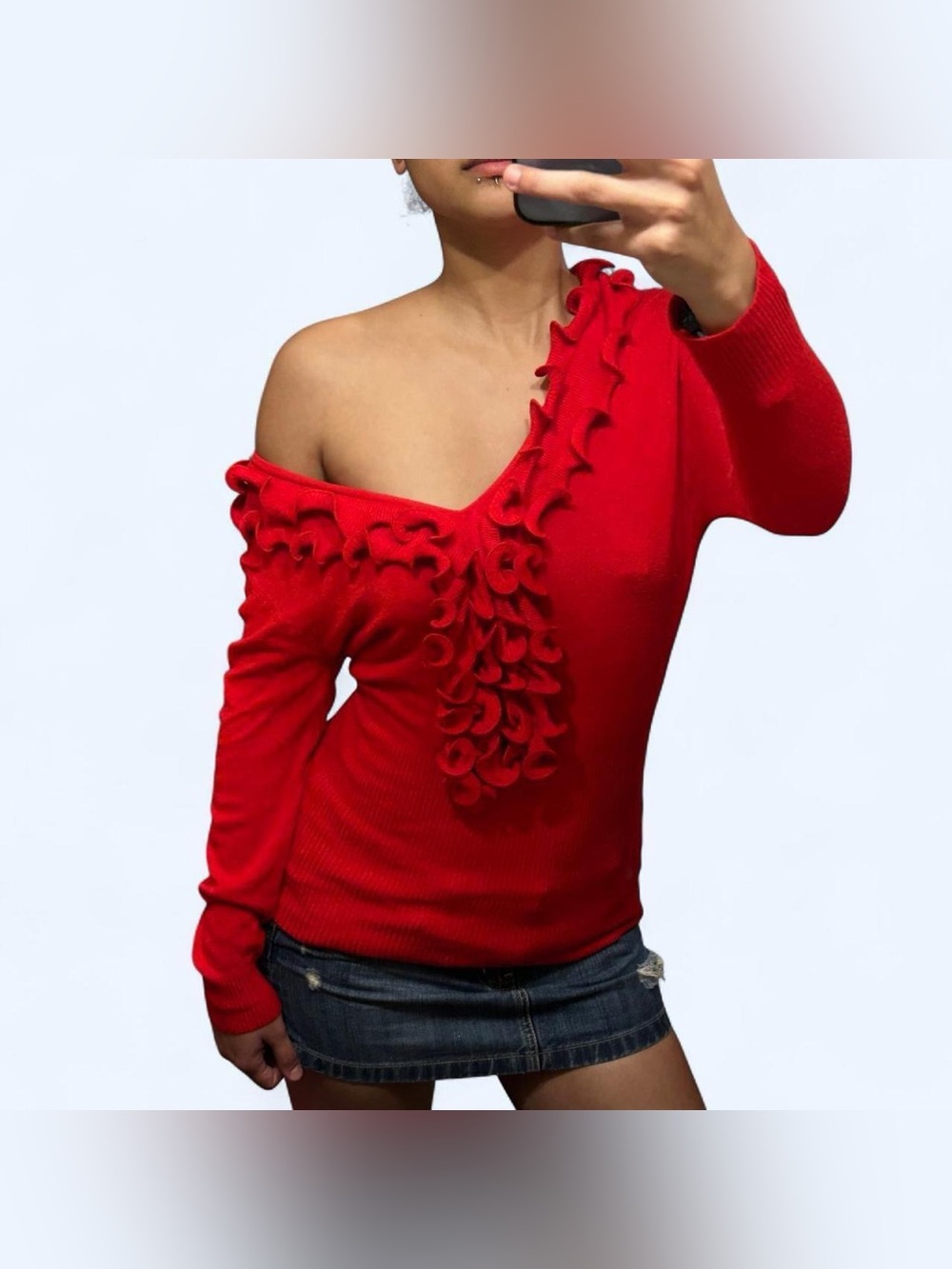Y2K Red Ruffle Sweater Top by Vila Milano! - Picture 2 of 7